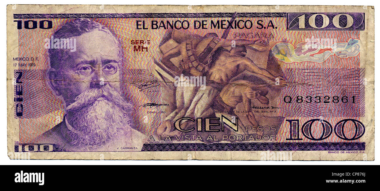 Historische Banknote, 100 Peso, Venustiano Carranza De La Garza, 1979, Mexiko Stockfoto