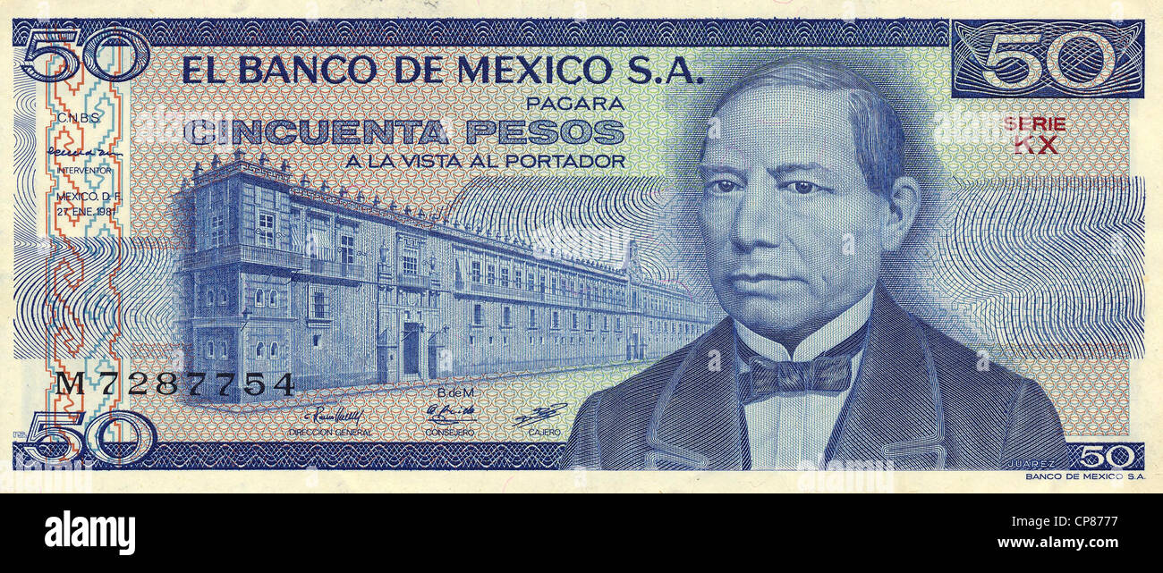 Banknote aus Mexiko, 50 Peso, Benito Juárez Pablo, 1981, Banknote aus Mexiko, 50 Peso, Benito Pablo Juárez, 1981 Stockfoto