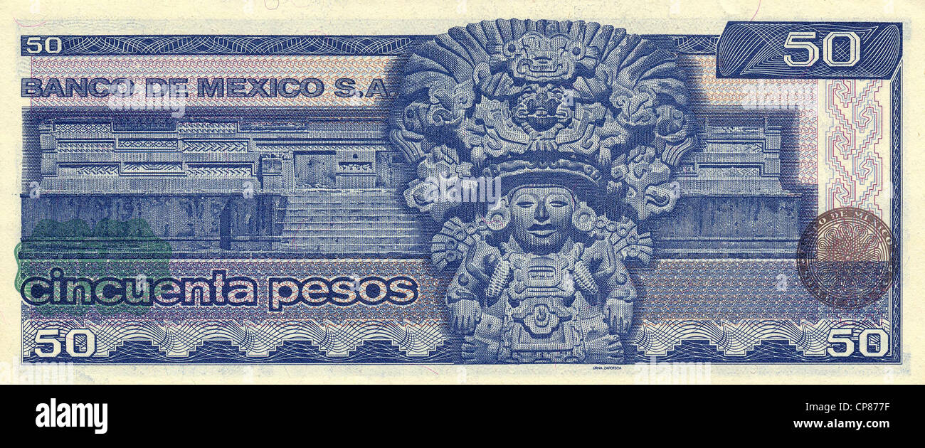Banknote aus Mexiko, 50 Peso, Urna Zapoteca, aztekischen Gott von den Zapoteken, 1981 Stockfoto