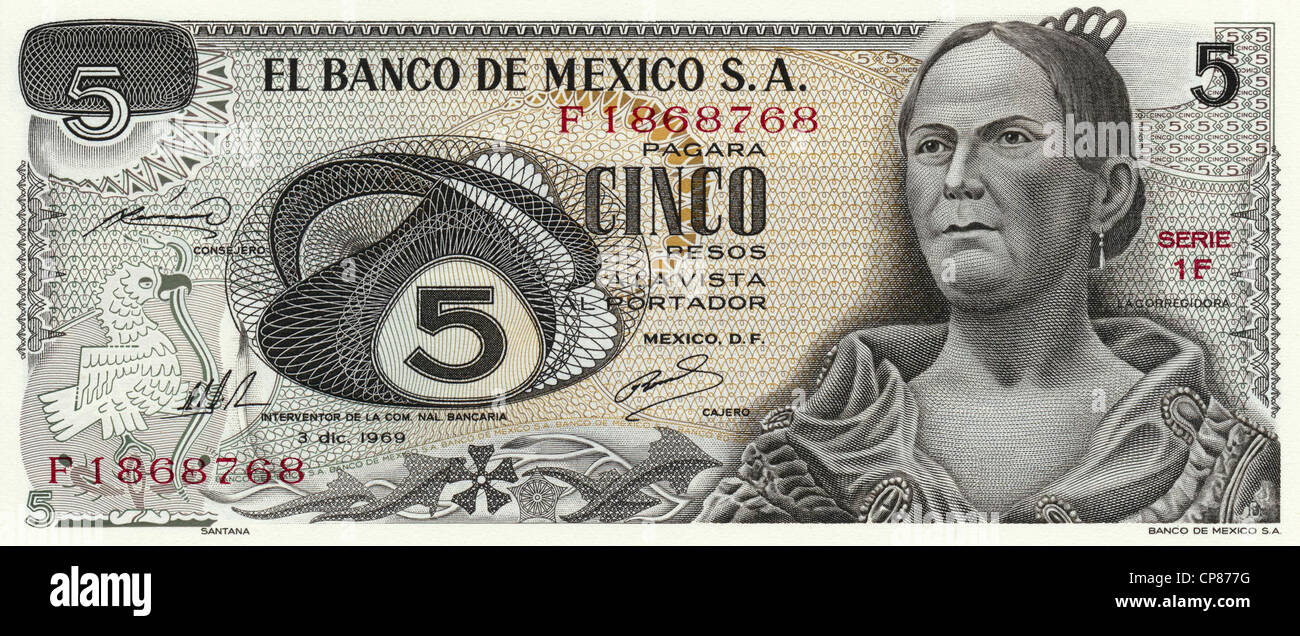 Banknote, 5 Pesos, Mexiko, sterben Nationalheldin Josefa Ortiz de Domínguez Oder La Corregidora, 1969 Stockfoto