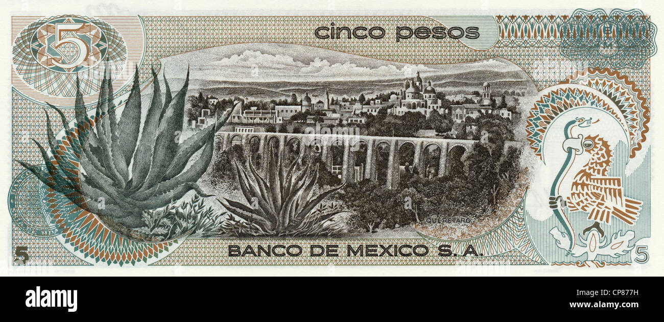 Banknote, 5 Pesos, Mexiko, Santiago de Querétaro, 1969 Stockfoto