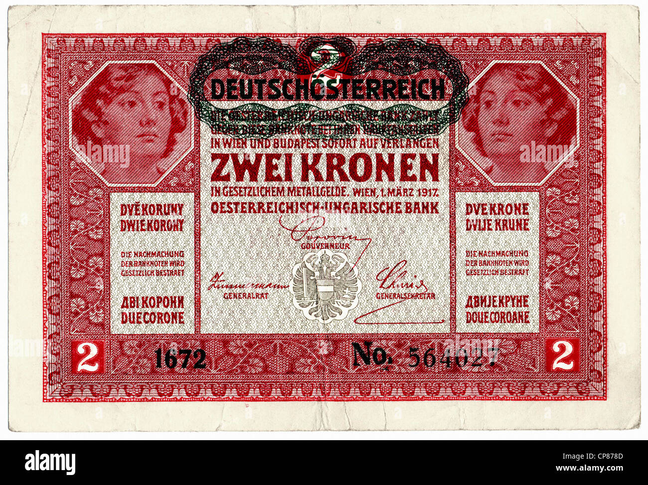 Historische Banknoten, Österreich, Deutsches Reich, Republik Deutschösterreich, Austro-ungarischen Bank, mit deutscher Beschriftung 2 Koronas, Stockfoto