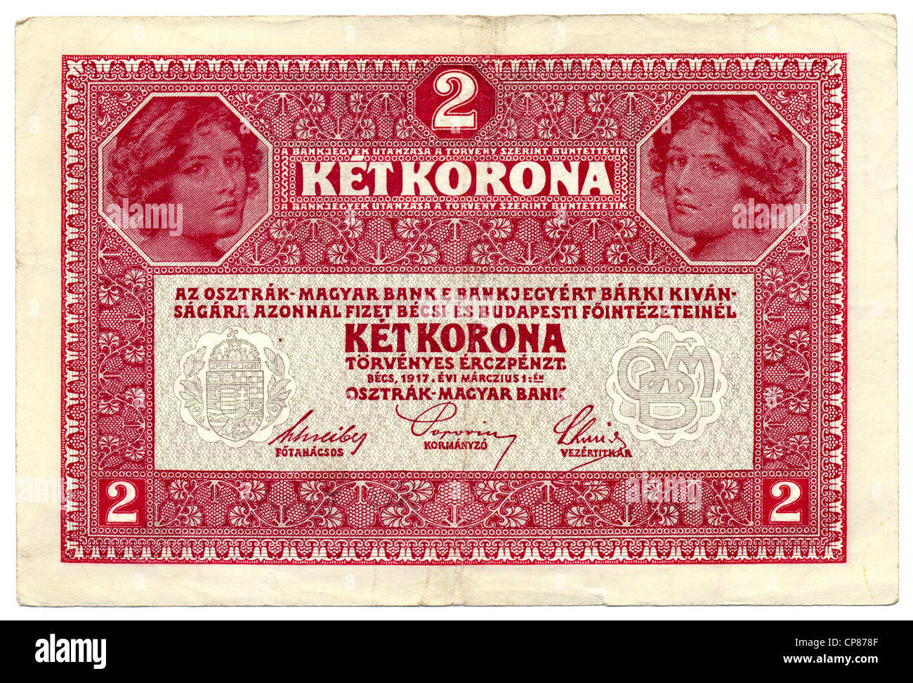 Historische Banknoten, Österreich, Deutsches Reich, Republik Deutschösterreich, Austro-ungarischen Bank, Rückseite mit ungarischen Schriftzug Stockfoto