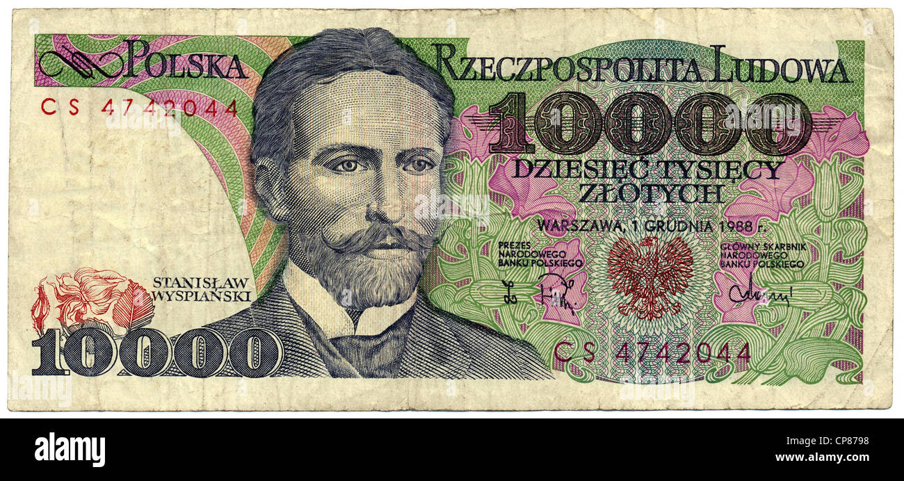 Historische Banknote, 10000 Zloty StanisÅ'aw Wyspianski, 1988, Polen, Europa Stockfoto