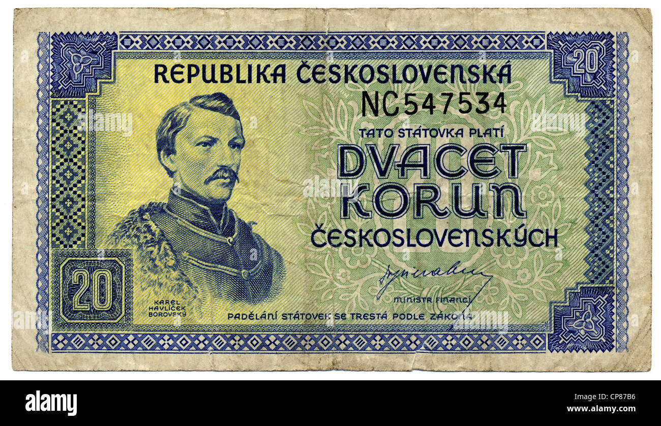 Historische Banknote, 20 Korun (Kronen), der Tschechische Dichter Karel Havlicek Borovsky, 1945, Tschechoslowakei, Europa, Histo Stockfoto