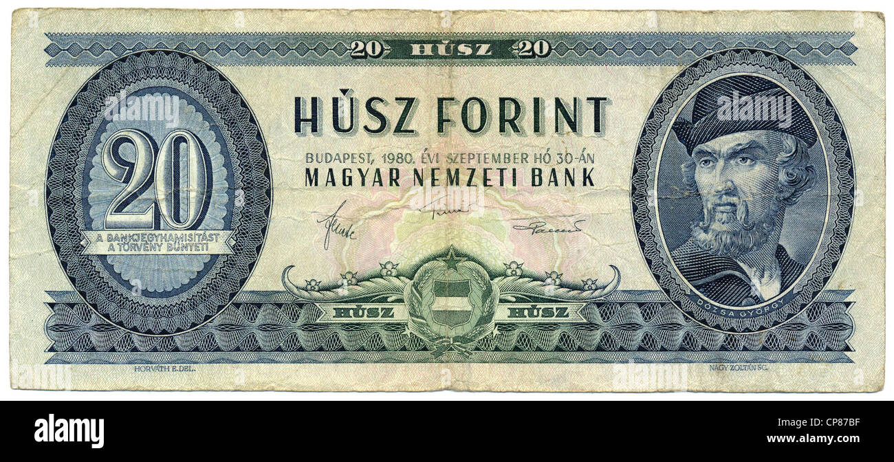 Historische Banknoten 20 ungarische Forint, Bild des Dózsa Gyoergy, Führer der ungarischen Bauernaufstand, Ungarn Stockfoto