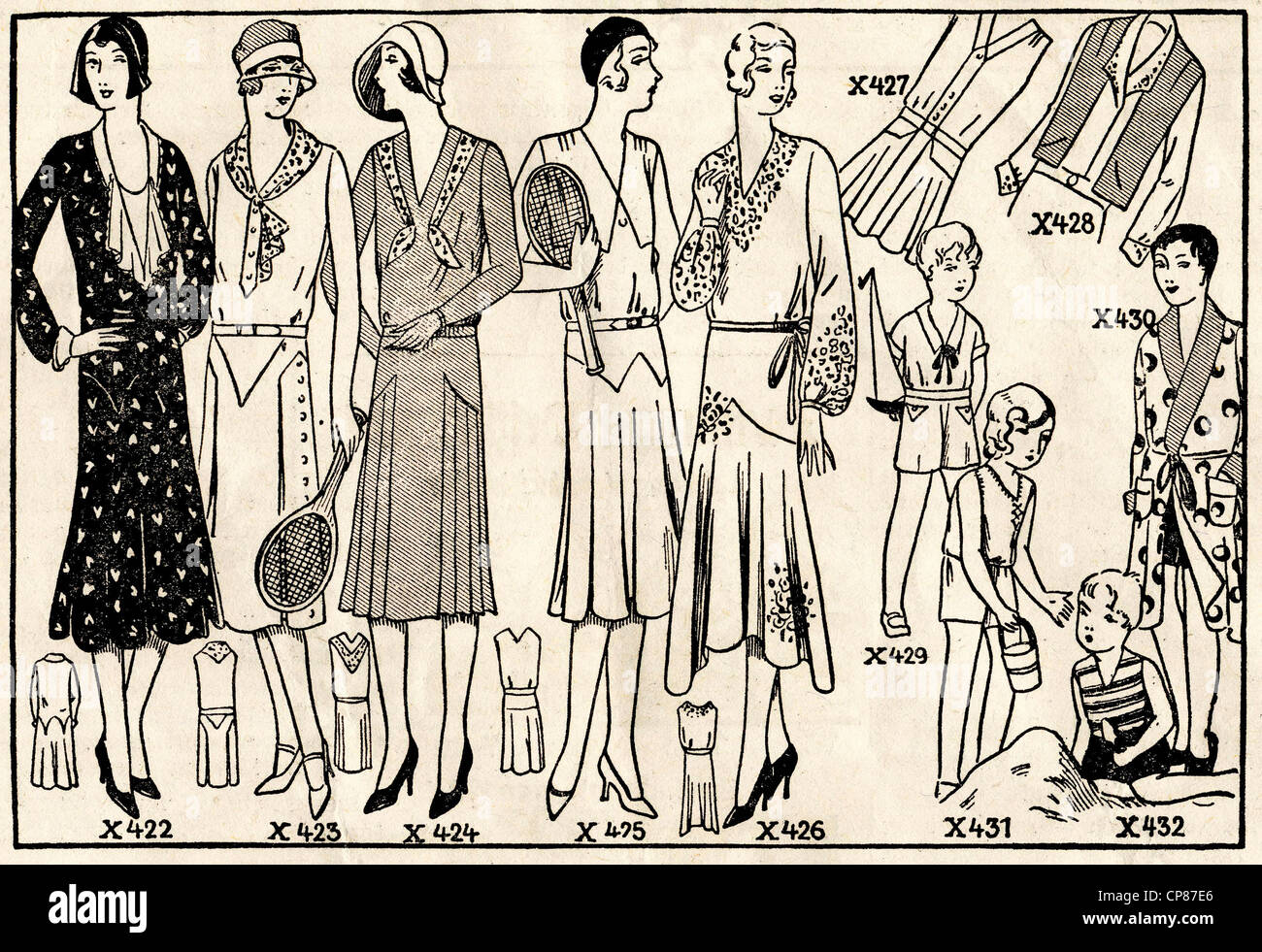 Historische Modezeichnung, Das Magazin der Hausfrau, Deutschland, 1930, Historic Mode Hausfrau Magazin, Deutschland Stockfoto