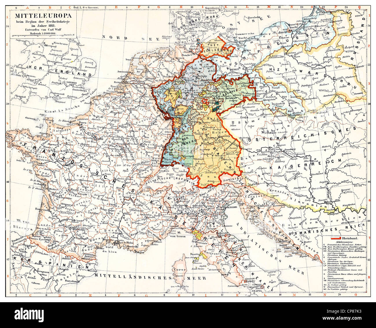 Historische Karte von Deutschland und Mitteleuropa zu Beginn der revolutionären Kämpfe 1813, Historische, Zeichnerische Dar Stockfoto
