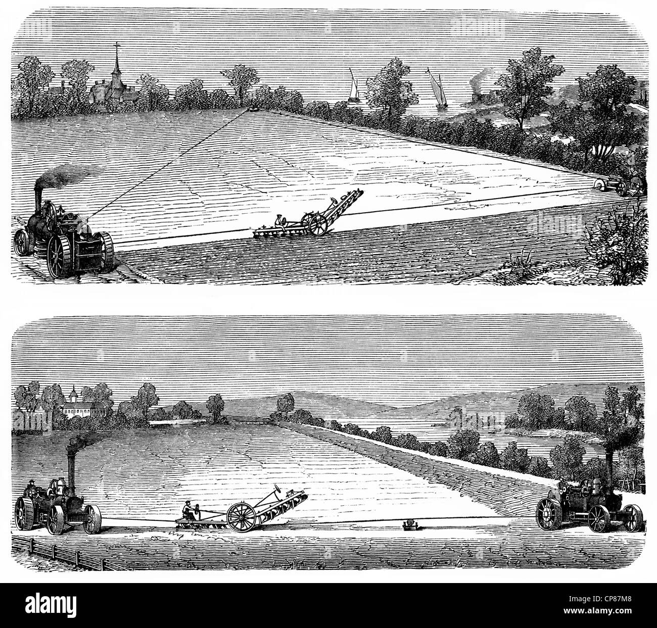 Ein und zwei Rechner Dampfanlagen Pflug bei der Arbeit, landwirtschaftliche Zugmaschine oder Lokomotive angetrieben durch eine Dampfmaschine, 19. Jahrhundert, Hi Stockfoto
