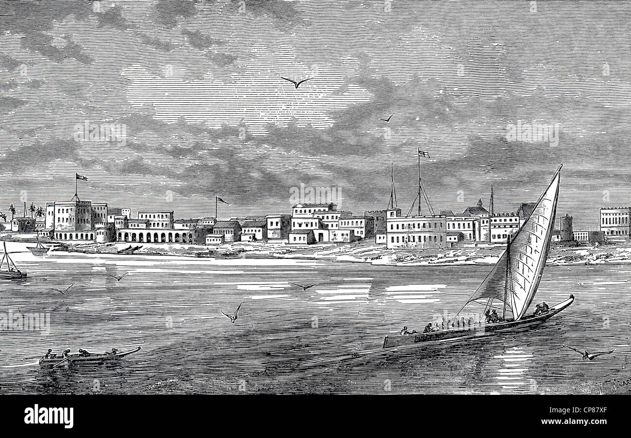 Stadtansicht von Sansibar, Tansania, Ostafrika, historischen Kupferstich aus dem 19. Jahrhundert, Stadtansicht von Sansibar, Tansania, Ostafri Stockfoto