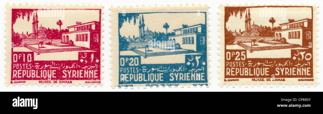 Historische Briefmarken aus Syrien, Damaskus Nationalmuseum, syrische arabische Republik, Historische Briefmarken aus Syrien, Das Nati Stockfoto