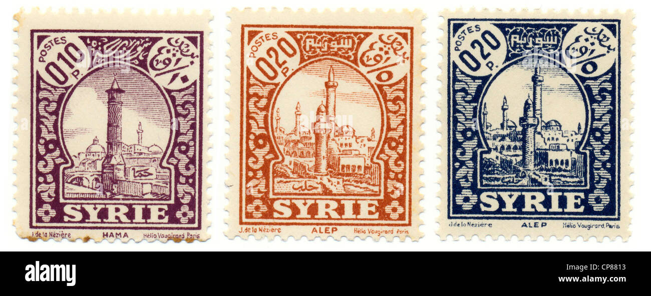 Historische Briefmarken aus Syrien, Historische Briefmarken aus Syrien, Stadtansichten von Hama Und Aleppo, Arabische Republik S Stockfoto