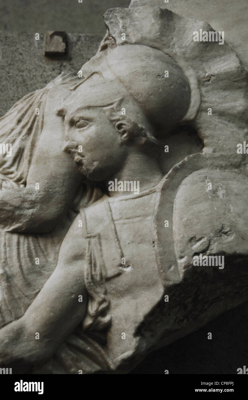 Griechische Kunst. Griechenland. Fragment des Parthenon. Fries-Nord. XXVII Fries zeigt einen Reiter versuchen, die Pferde zu stabilisieren. Stockfoto