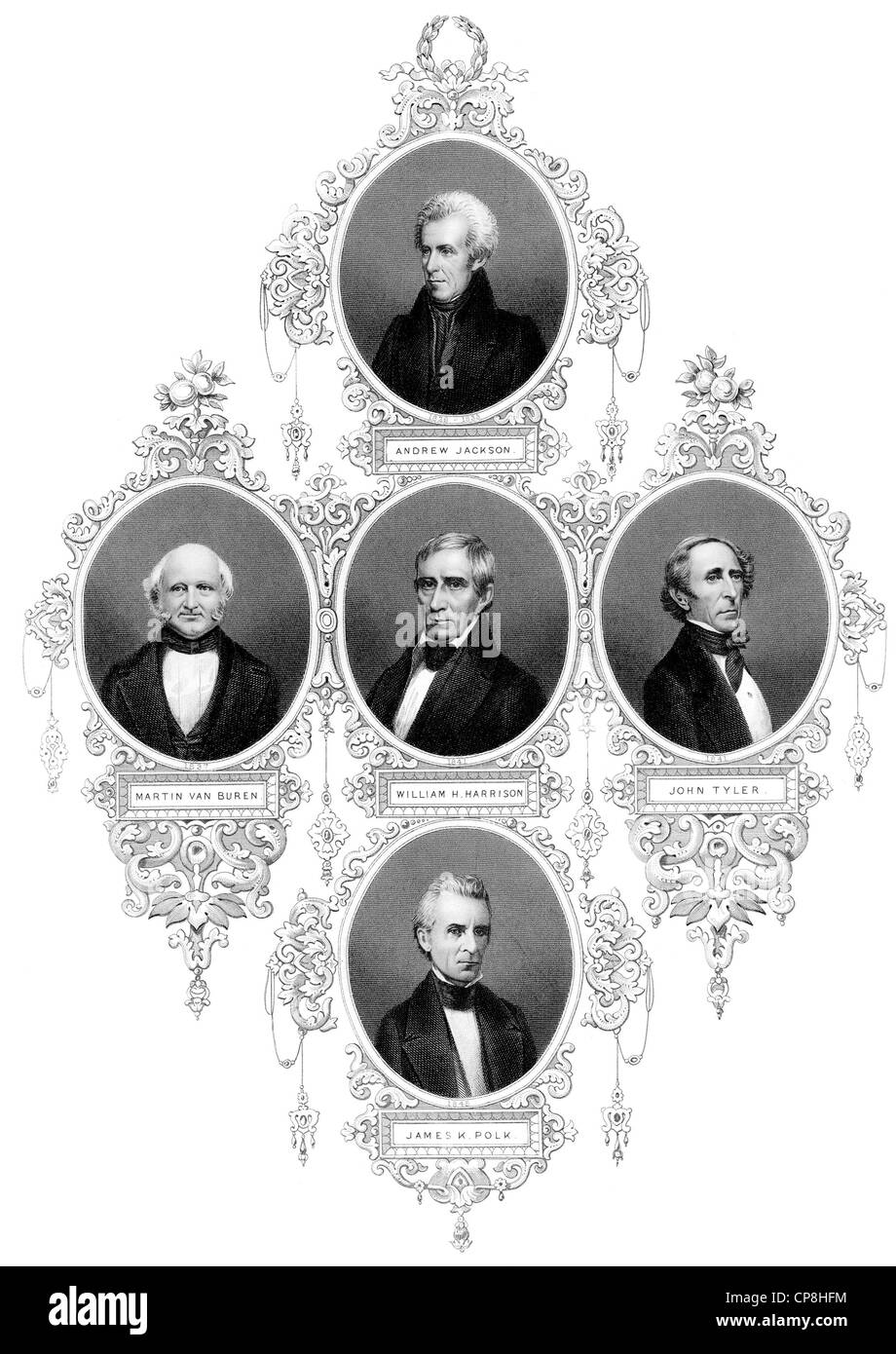 Porträts der Präsidenten der Vereinigten Staaten von Amerika, 1829-1849, Andrew Jackson, Martin Van Buren, Harrison, Stockfoto