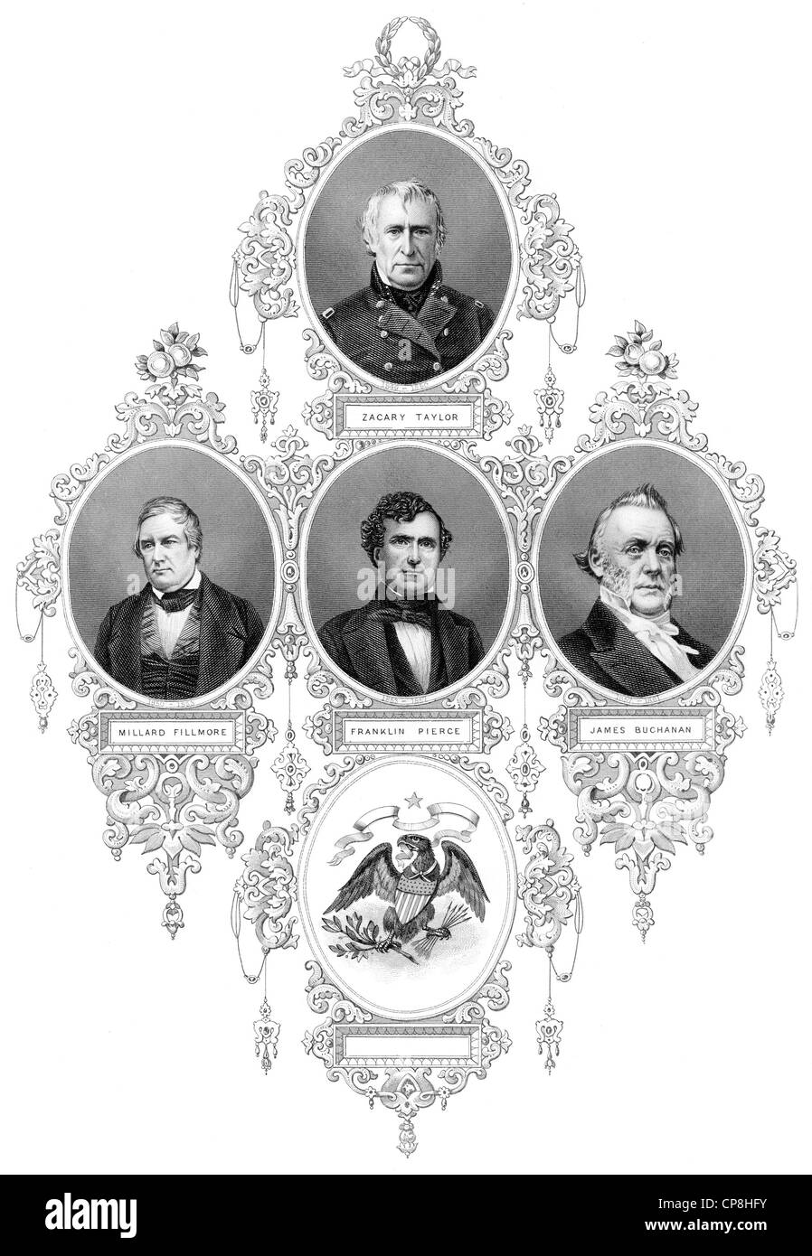 Porträts der Präsidenten der Vereinigten Staaten von Amerika, 1849-1861, Zachary Taylor, Millard Fillmore, Franklin Pierce, James Stockfoto