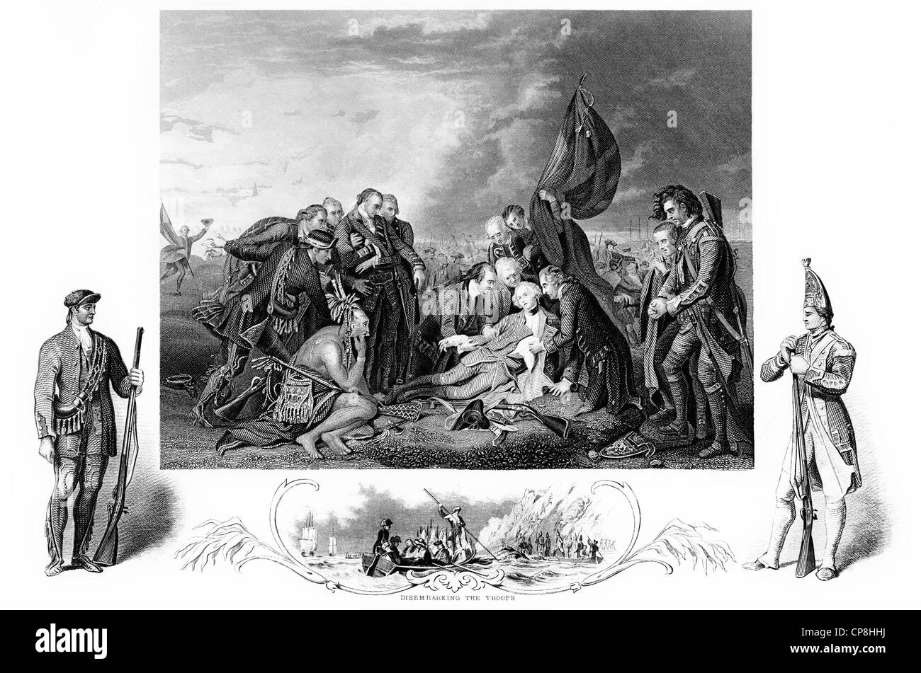 Stich aus dem 18. Jahrhundert, 1775, die Schlacht der Ebenen von Abraham, Tod des General Wolfe, Benjamin West, Generalmajor Stockfoto