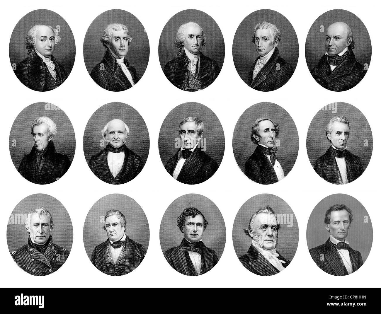 Porträts der Präsidenten der Vereinigten Staaten von Amerika von 1797 bis 1865, erste Zeile von links nach rechts: John Adams, Thomas Jeffe Stockfoto