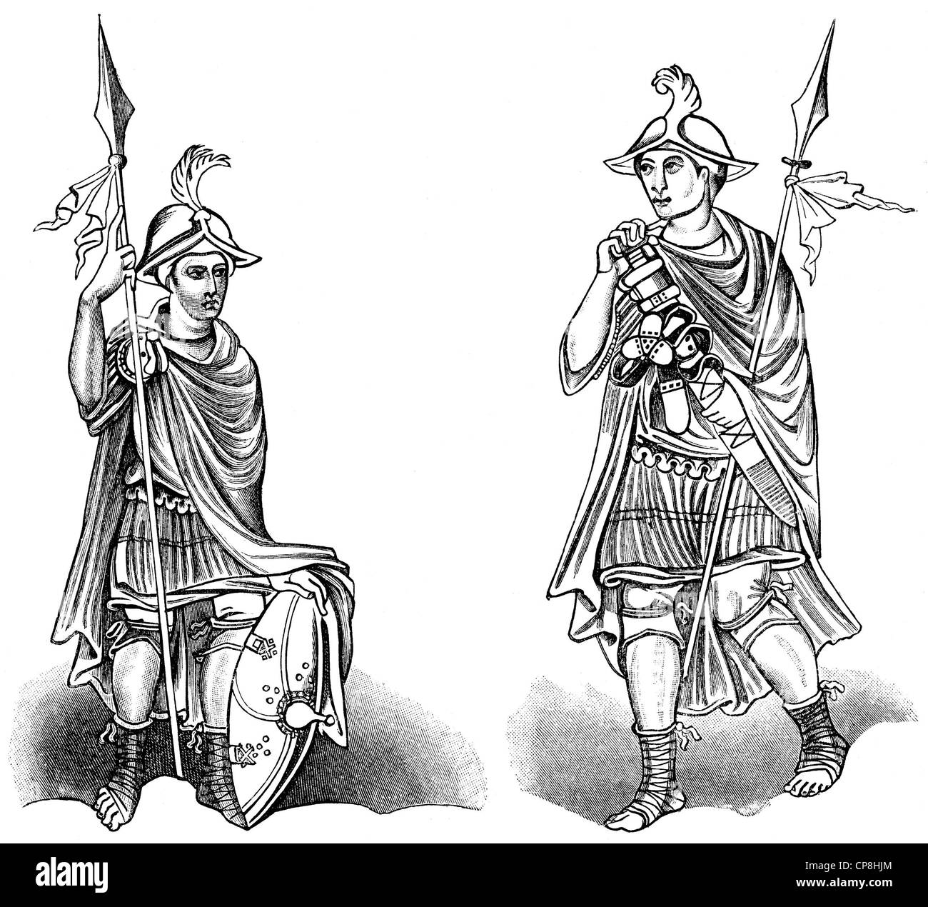 Historischen Drucken aus dem 19. Jahrhundert, fränkische Krieger aus dem 9. Jahrhundert, Historische Druck aus Dem 19. Halbmonatsschrift, Darts Stockfoto