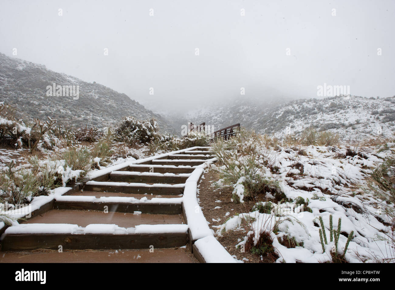 Schneebedeckte Brücke, Wanderweg am Fuße von Albuquerque, New Mexico. Stockfoto