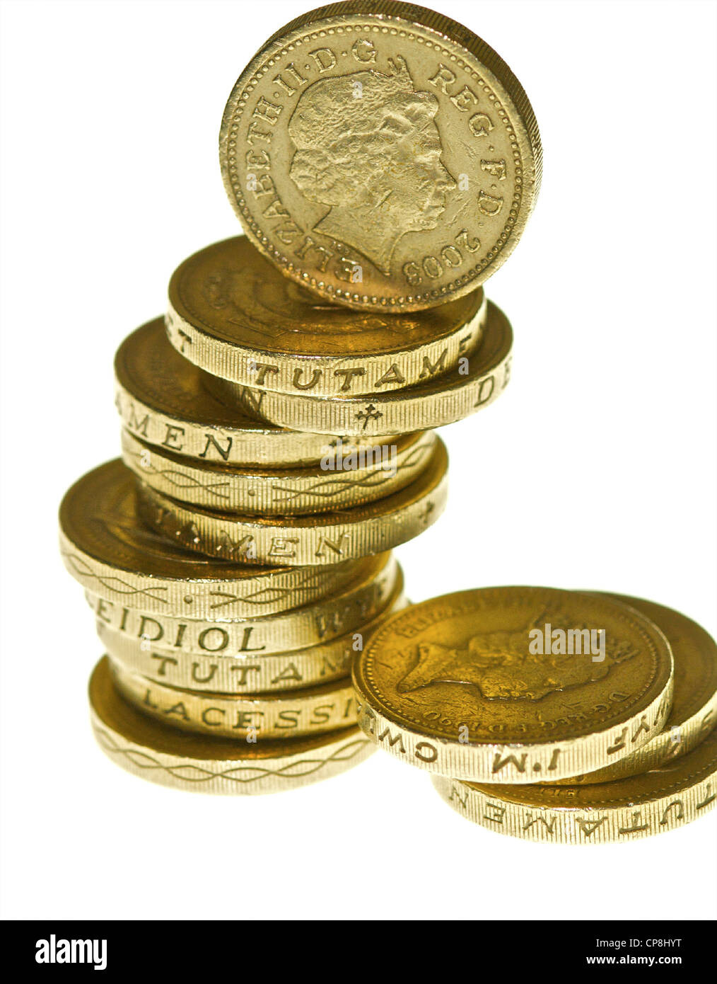 Ein Pfund-Münzen in einem Haufen. Stockfoto