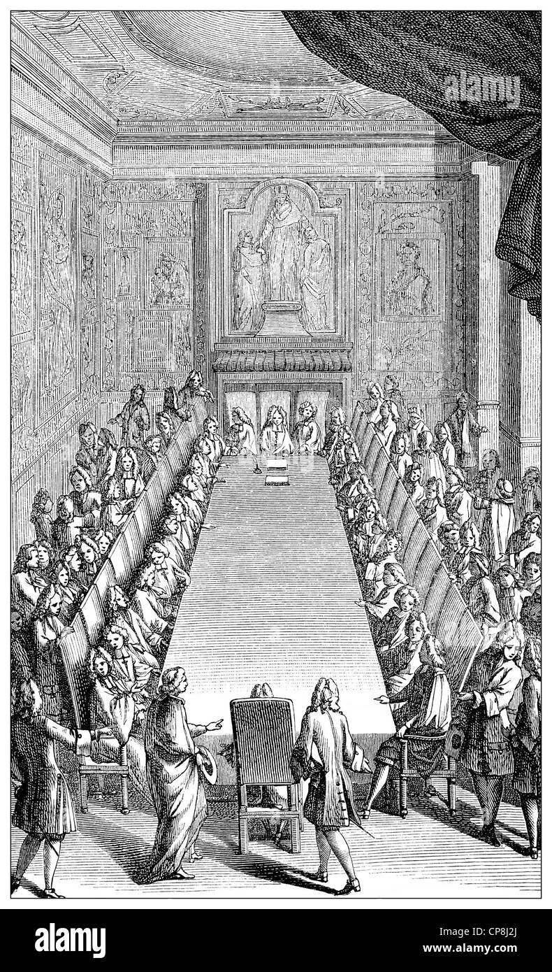 Zulassung der Akademiker an den französischen akademischen Gesellschaft Académie Française oder französische Akademie, 1714, Aufnahme Eines Akademikers Stockfoto