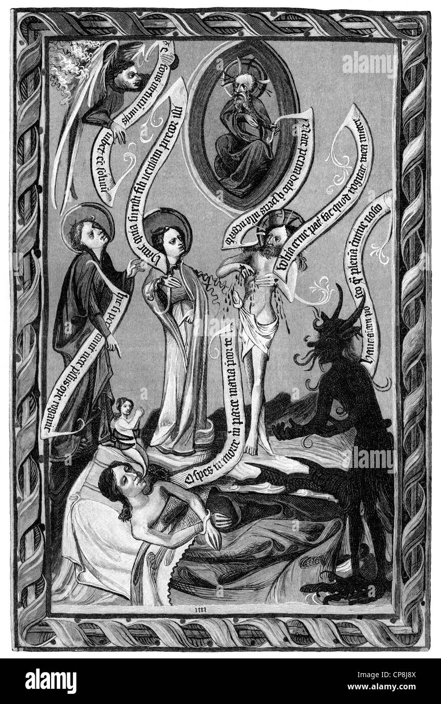 Historische Darstellung aus dem 19. Jahrhundert nach einem religiösen Manuskript aus dem 14. Jahrhundert, Jungfrau Maria und der Teufel; Seine Stockfoto