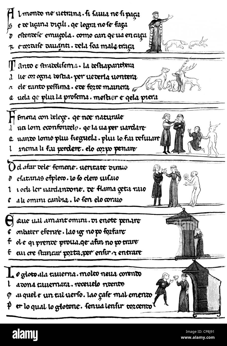 Historische Darstellung aus dem 19. Jahrhundert, eine Seite von Aussagen über die Natur der Frauen, lateinischer Text aus dem 13. Jahrhundert, Stockfoto