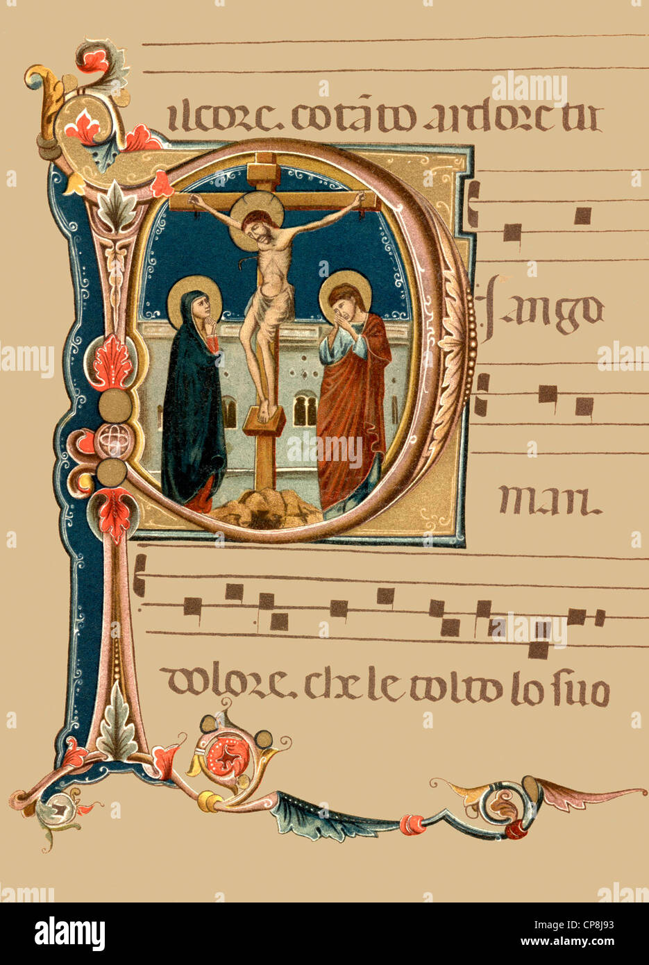 Historische Darstellung aus dem 19. Jahrhundert, ornamentale Anfangsbuchstaben einer italienischen Laude Handschrift aus dem 14. Jahrhundert, H Stockfoto