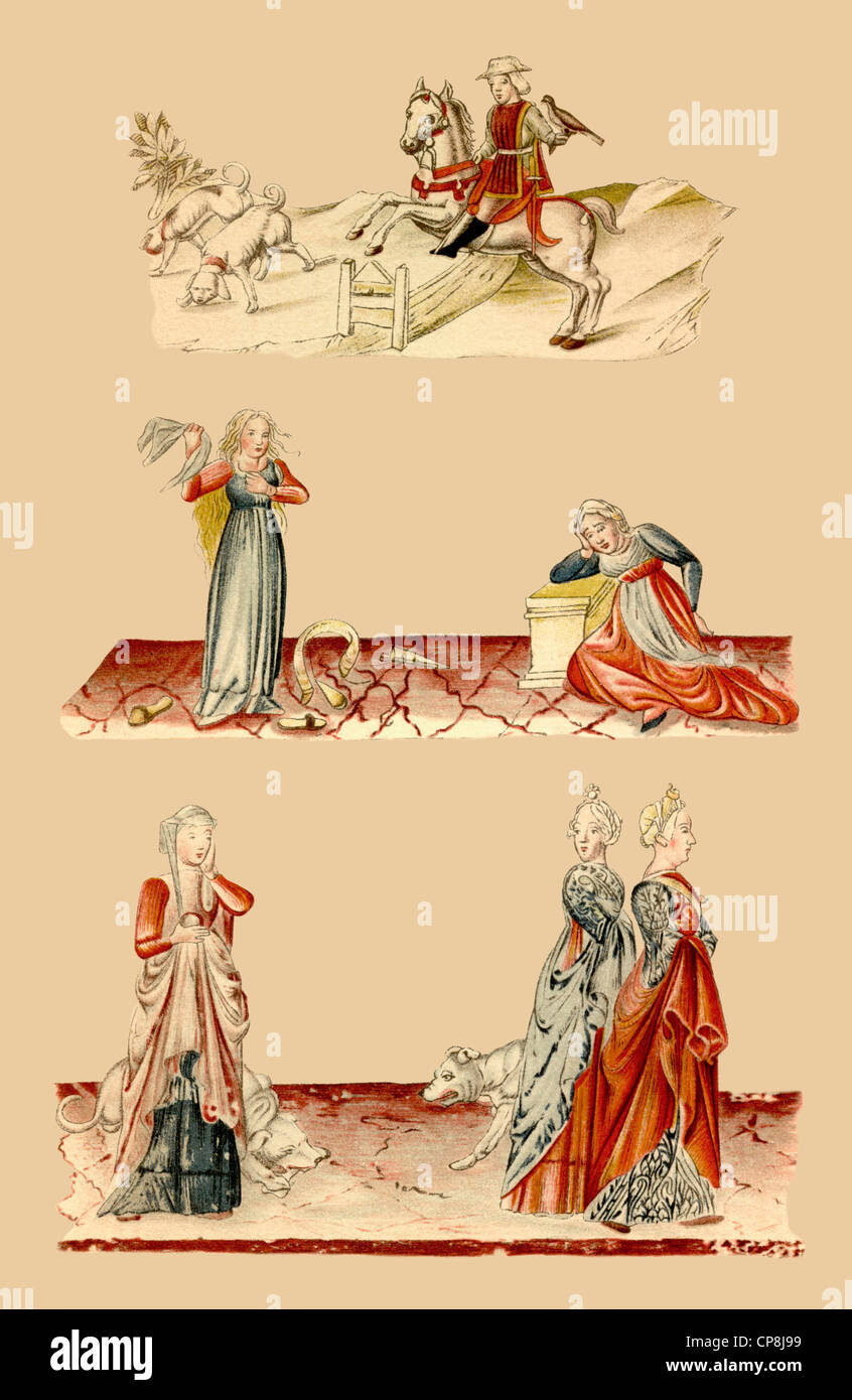 Historische Abbildungen aus dem 19. Jahrhundert, Illustrationen von 1475 zum Gedicht Acerba von Acervus, Laster und Tugenden, gener Stockfoto