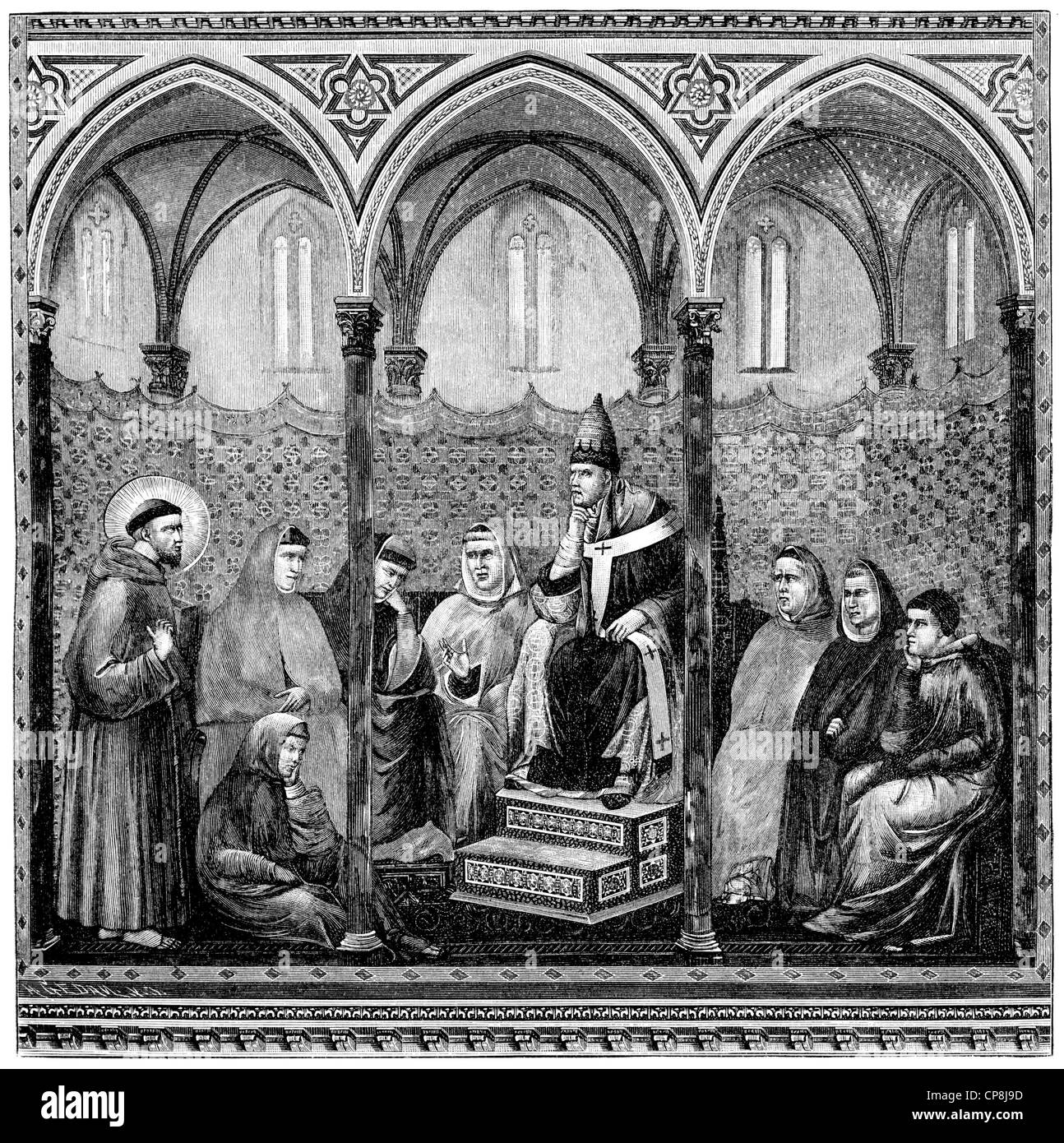 Historische Darstellung aus dem 19. Jahrhundert, Franziskus Predigt vor Papst Honorius III oder Cencio Savelli, 1148-1 Stockfoto