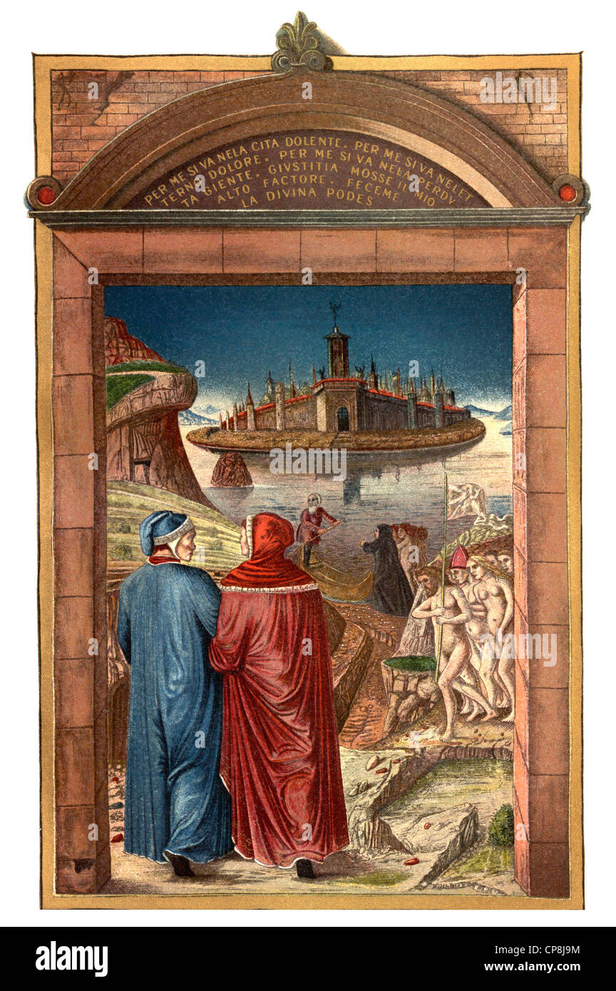 Historische Darstellung aus dem 19. Jahrhundert, das Tor der Hölle, Fegefeuer und Hölle als Illustration nach The Divine Comedy b Stockfoto