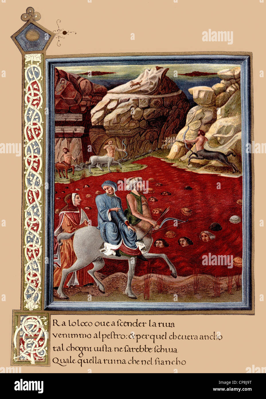 Historische Darstellung aus dem 19. Jahrhundert, der Zentaur Nessus führt Dante und Vergil, entlang dem Fluß des Blutes in h Ford Stockfoto