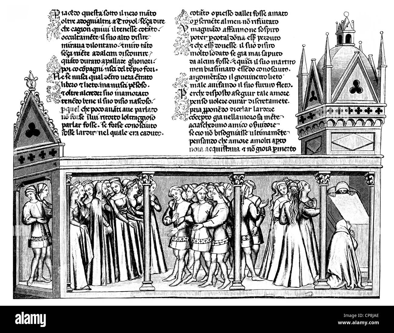 Historische Darstellung aus dem 19. Jahrhundert, Vertretung nach dem epischen Il Filostrato, Troilus und Griseida, 1335 von Giova Stockfoto