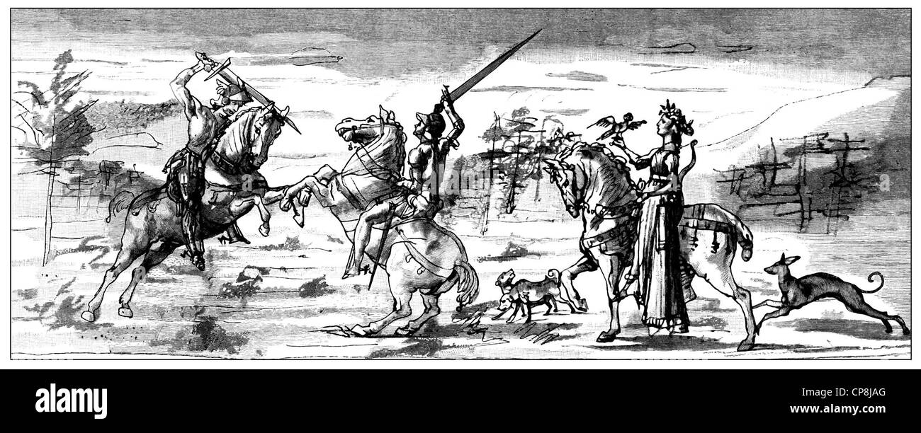 Historische Illustration aus dem 19. Jahrhundert, Duell der Palamon und Arcite für Emilia, Szene aus der Teseida von Giovanni Boc Stockfoto