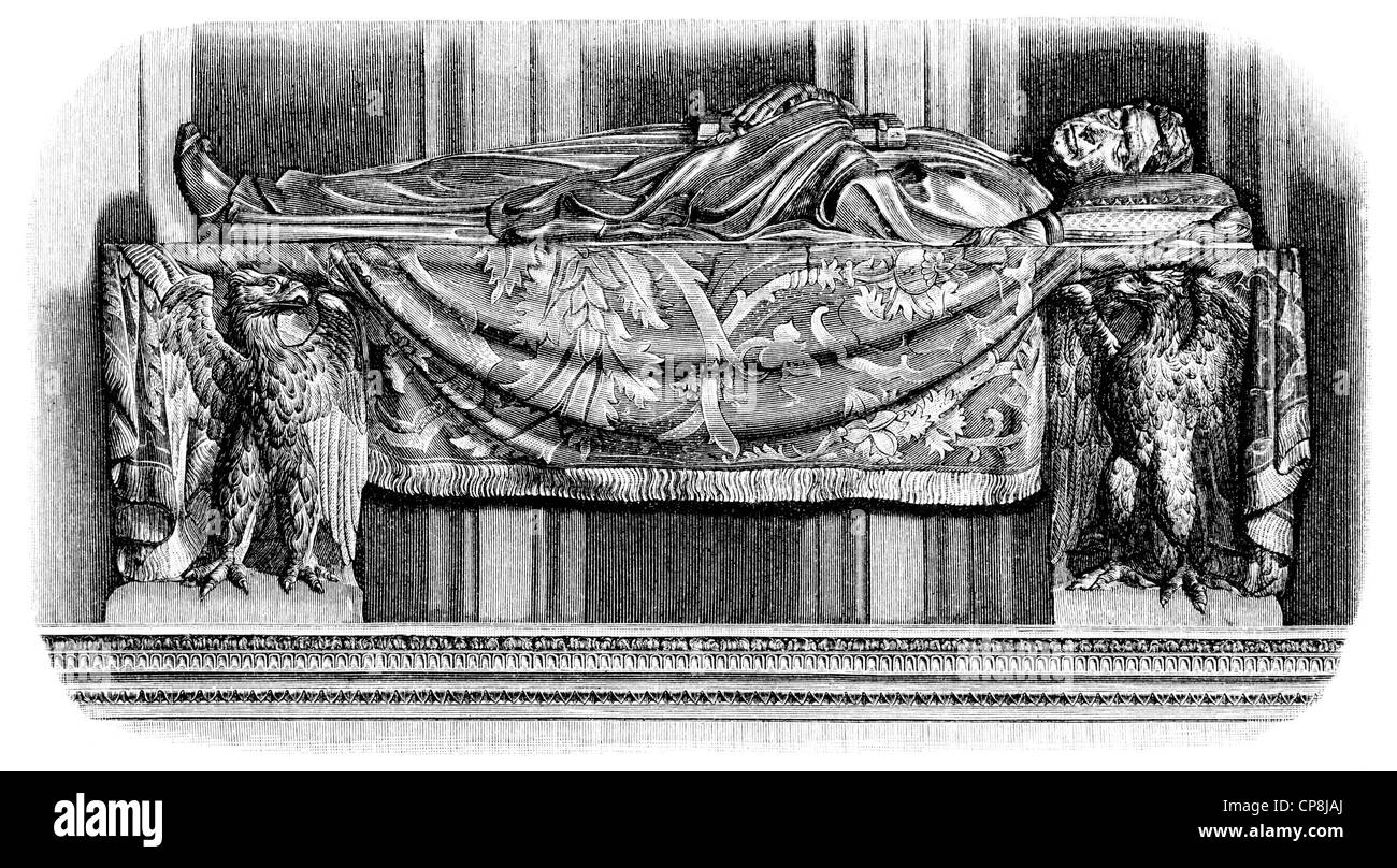 Historische Darstellung aus dem 19. Jahrhundert, das Grab in der Kirche Santa Croce von Leonardo Bruni, 1369-1444, einem italienischen Stockfoto
