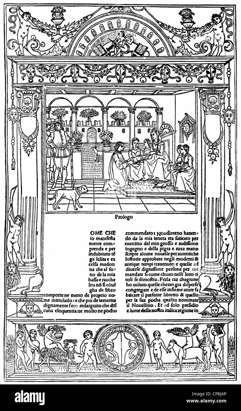 Historische Darstellung aus dem 19. Jahrhundert, die erste Seite des Novellino, Renaissance-Novellen aus Neapel und Süditalien Stockfoto