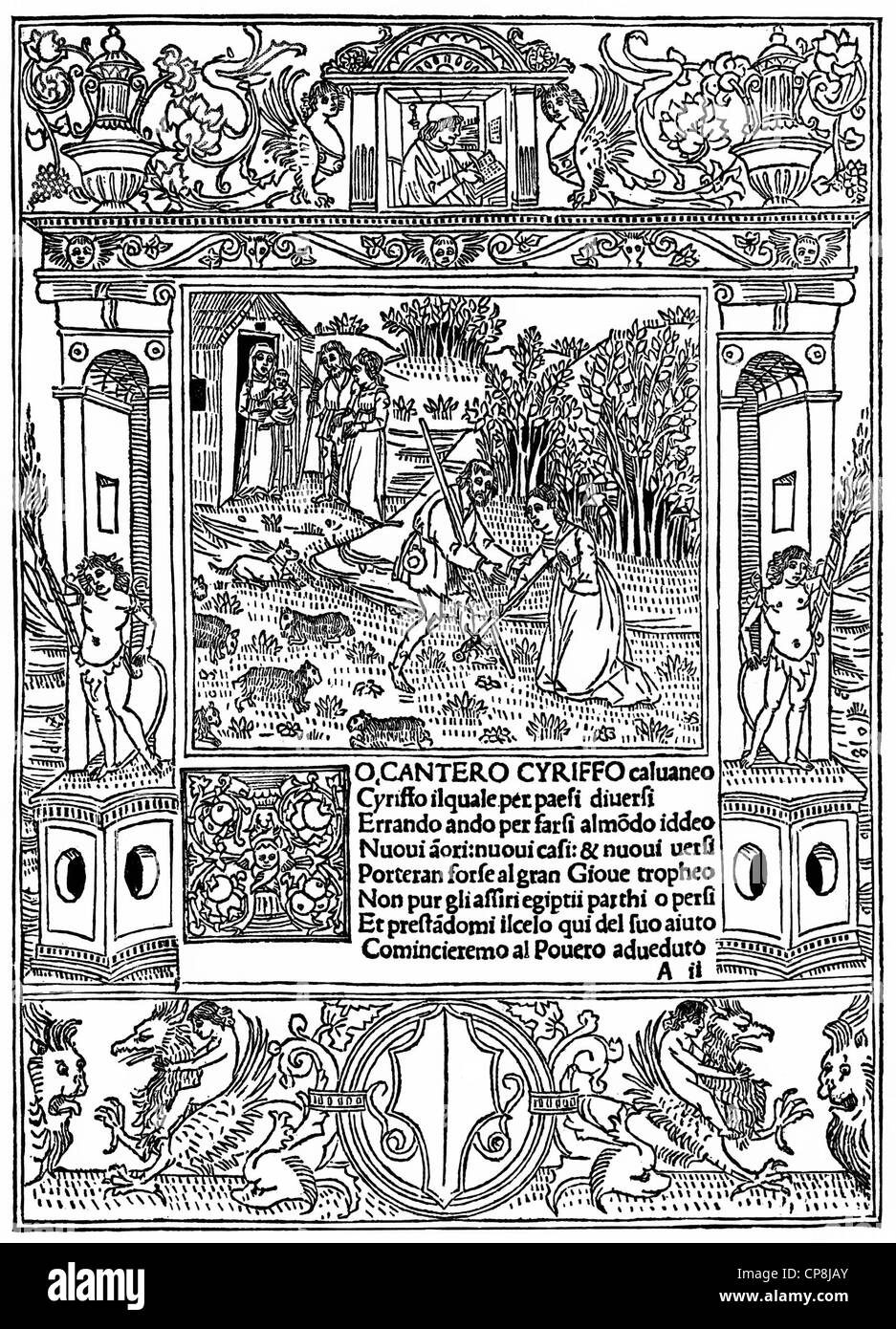 Historische Darstellung aus dem 19. Jahrhundert, Titelblatt von Cirillo Calvaneo von Luca Pulc, 1431-1470, einem italienischen Dichter Histor Stockfoto