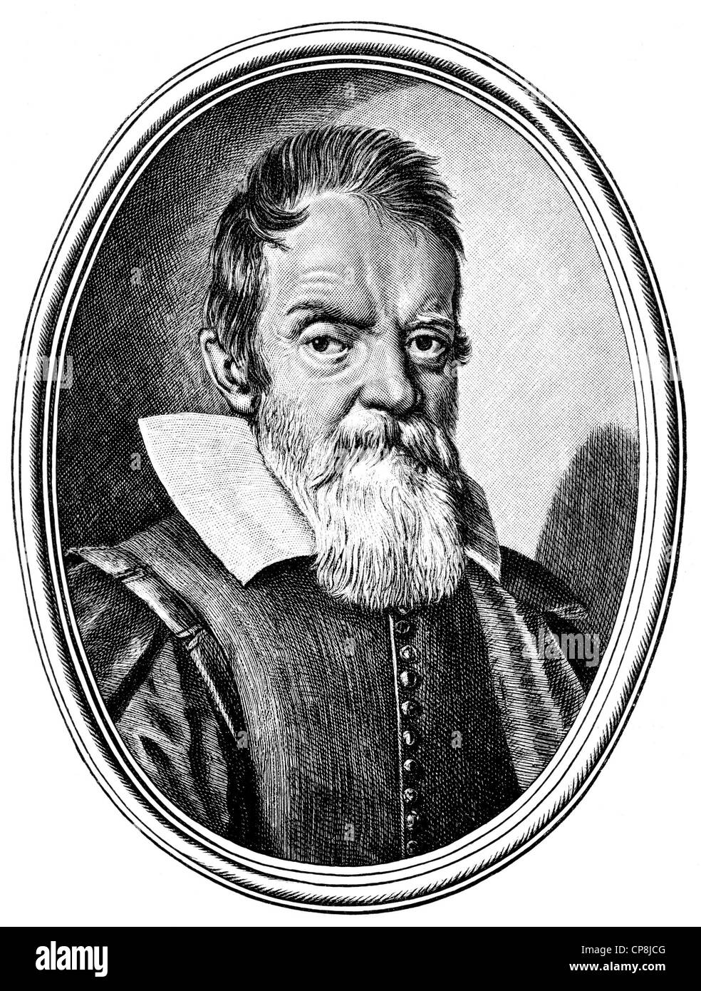 Porträt von Galileo Galilei 1564-1642, ein italienischer Philosoph, Mathematiker, Physiker und Astronom, Historische Zeichnung Stockfoto
