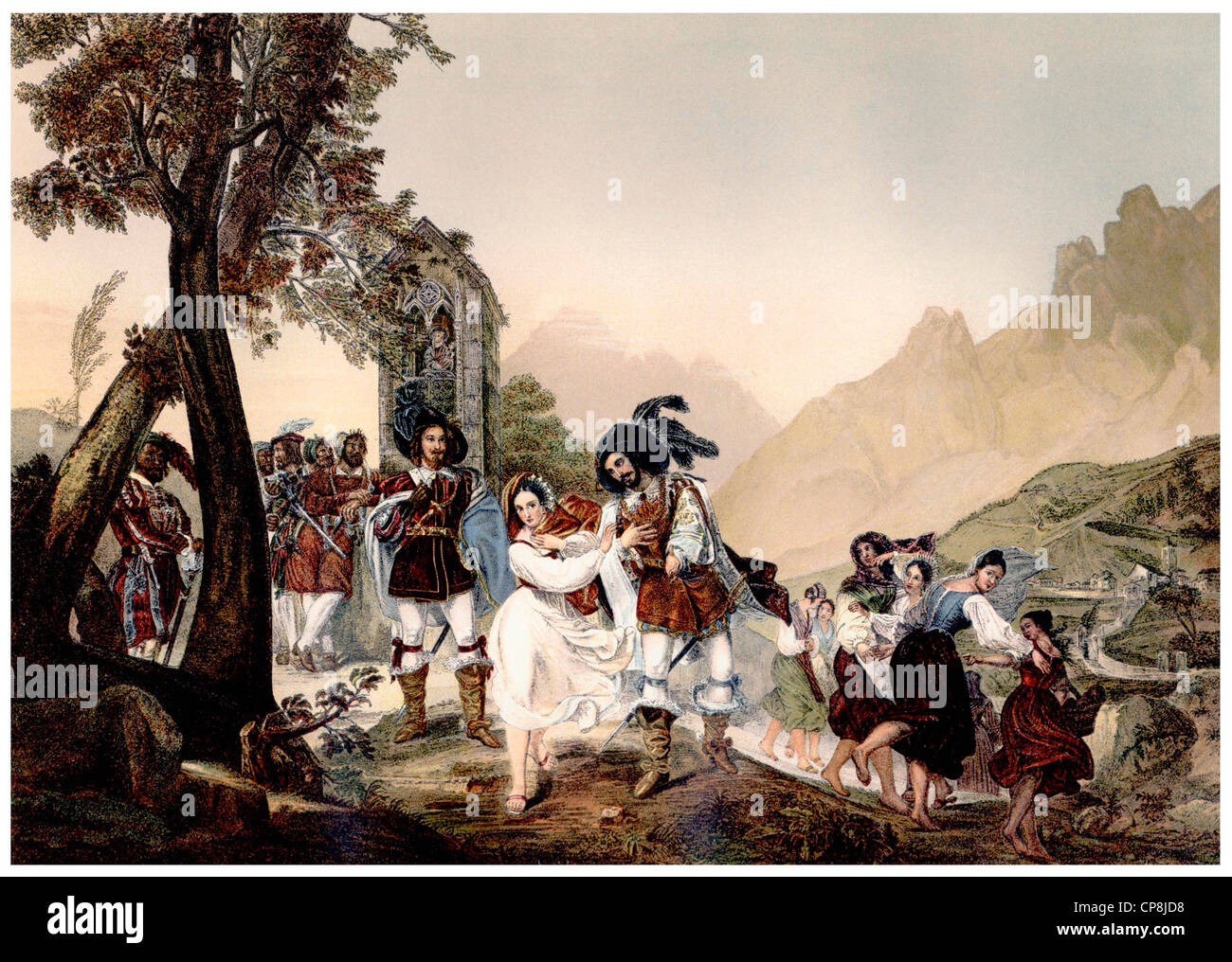Historische Illustration aus dem 19. Jahrhundert, eine Szene aus dem Roman I Promessi Sposi oder die Verlobten von Alessandro Manzoni Fr Stockfoto