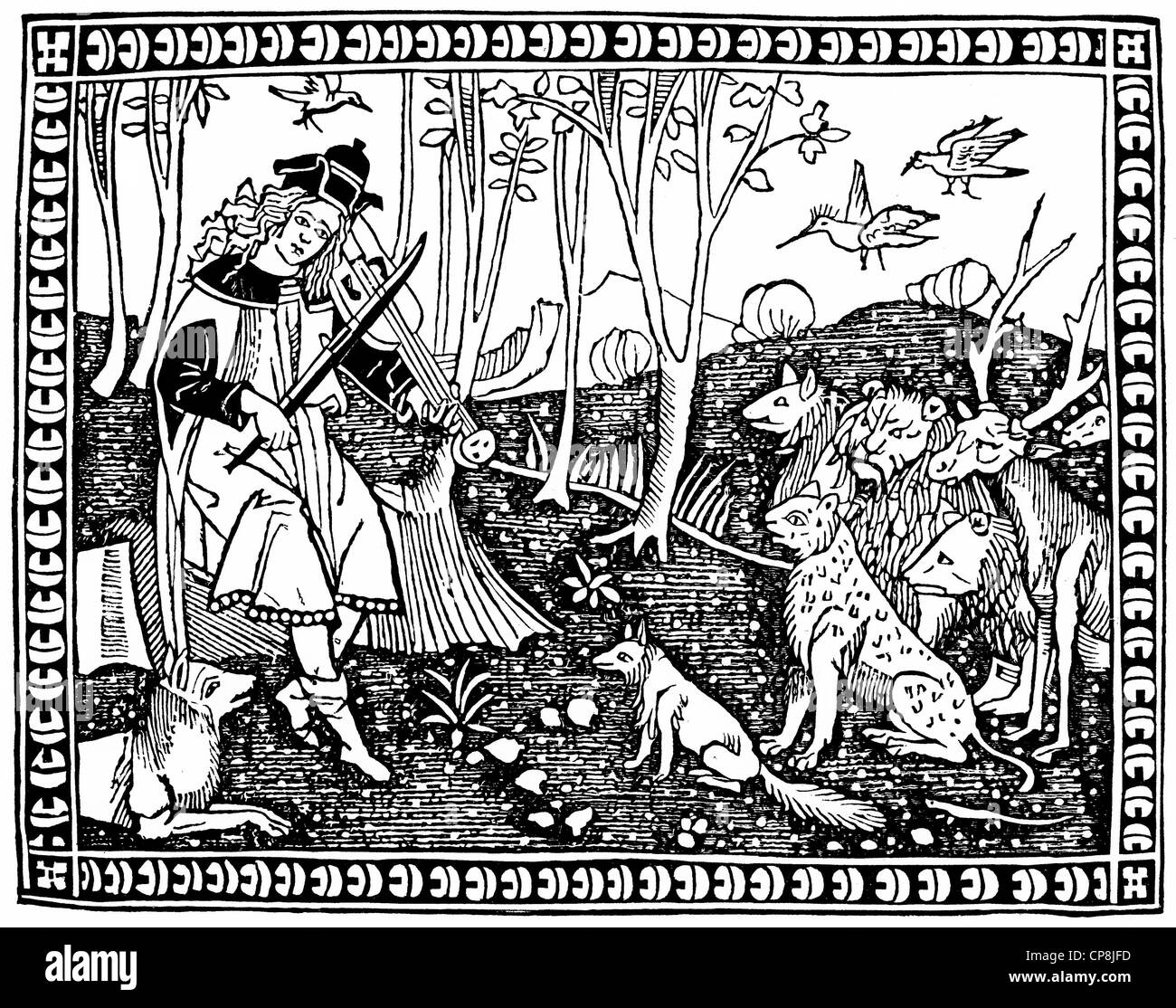 Szene aus dem Drama Fabula di Orfeo oder die Tragödie des Orpheus, 1494, von Angelo Poliziano, Angiolo Ambrogini, Angelus soll Stockfoto