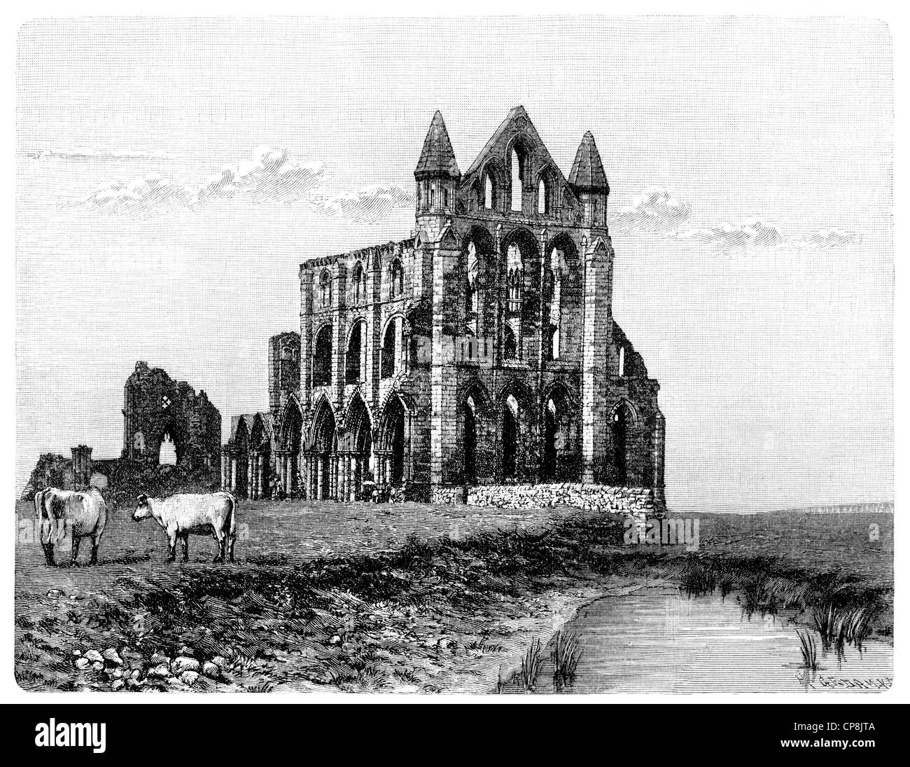 Whitby Abbey, ein ehemaliges Kloster in Whitby, Yorkshire, England, Europa, Historische Zeichnung aus dem 19. Jahrhundert, Whitby Abbey, ein ehemaliges Kloster in Whitby, Grafschaft Yorkshire, England, Europa Stockfoto