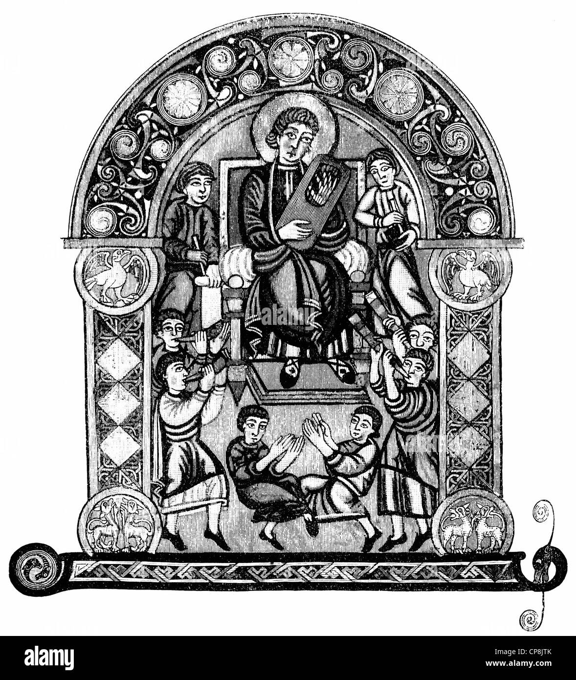 Darstellung eines angelsächsischen Musiker, Manuskript aus dem 8. Jahrhundert, Historische Zeichnung aus Dem 19. Halbmonatsschrift, Darts Stockfoto