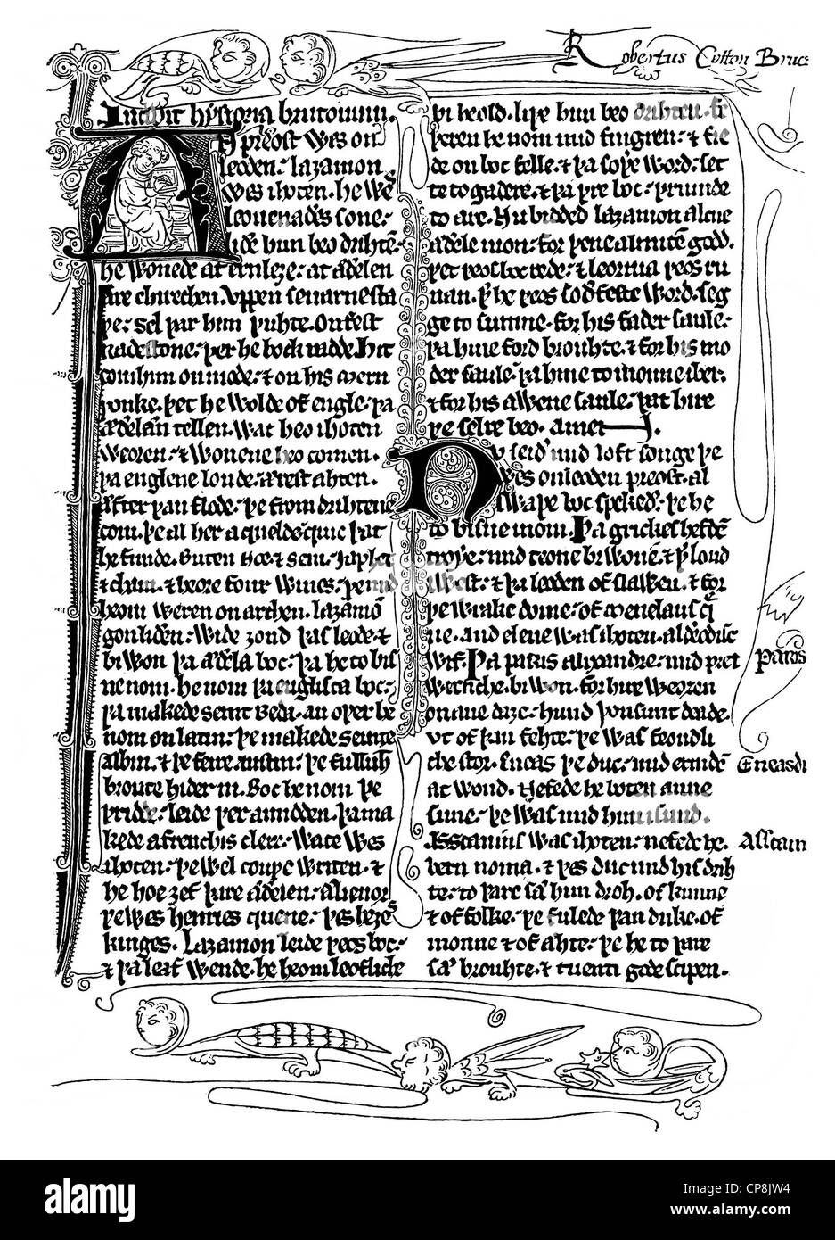 Manuskript aus dem 19. Jahrhundert, eine Seite aus Layamons Brut im mittelenglischen durch Layamon, ein Dichter des frühen 13. Jahrhunderts, seine Stockfoto