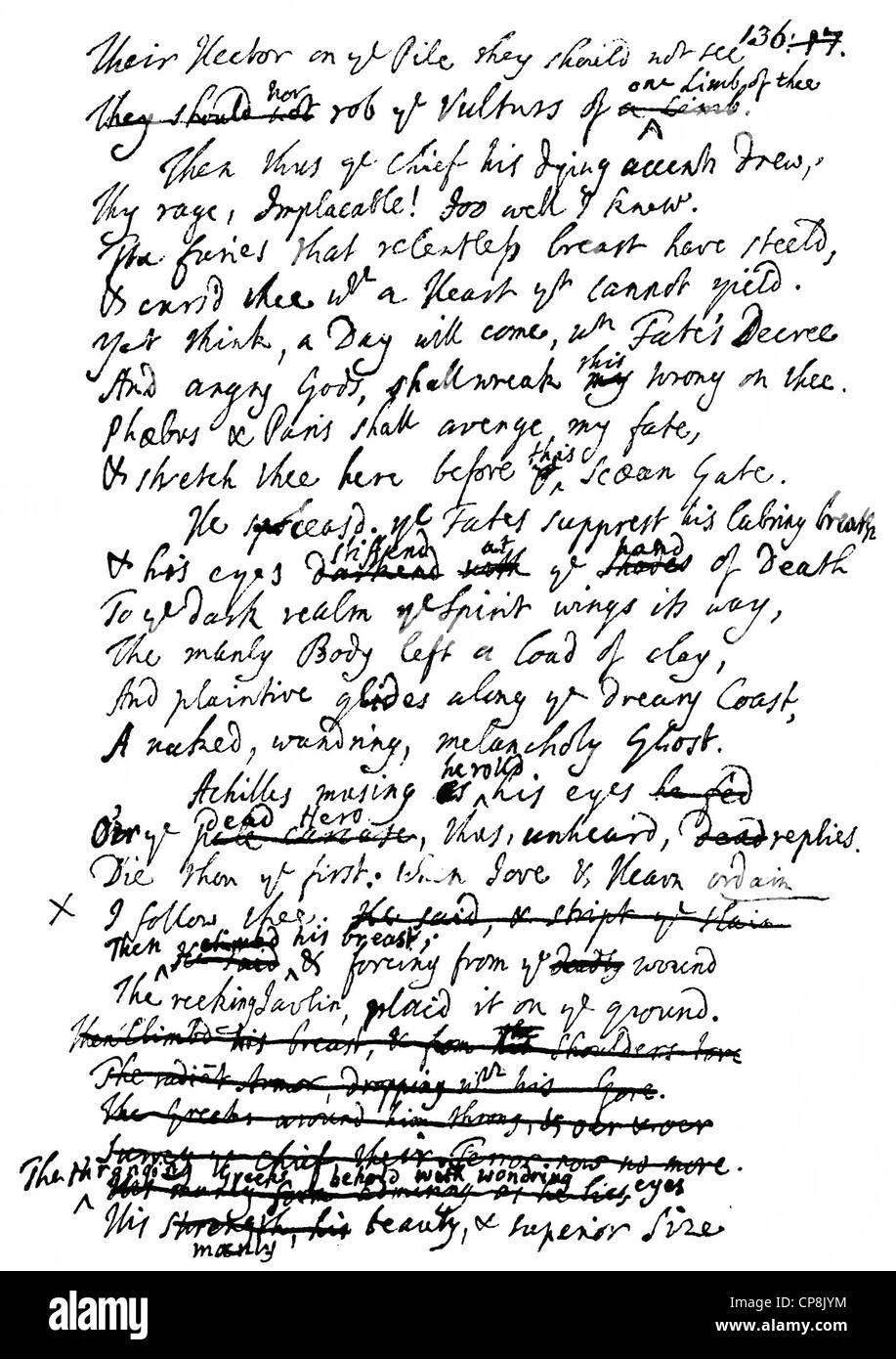 Historische Handschrift, Übersetzung von Homer von Alexander Pope, 1688-1744, englischer Dichter, Übersetzer und Schriftsteller des Neoklassizismus Stockfoto
