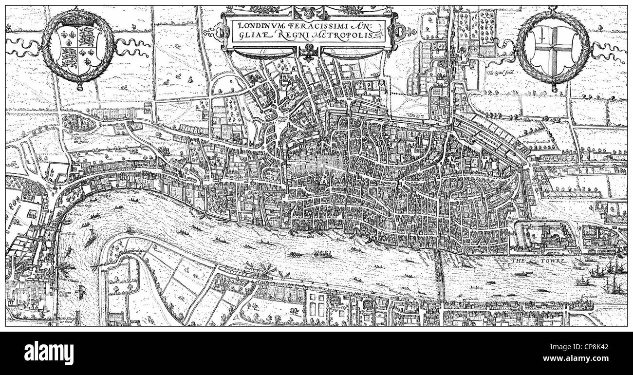 Historische Zeichnung aus dem 19. Jahrhundert, Karte von London, England, 1575 Stockfoto