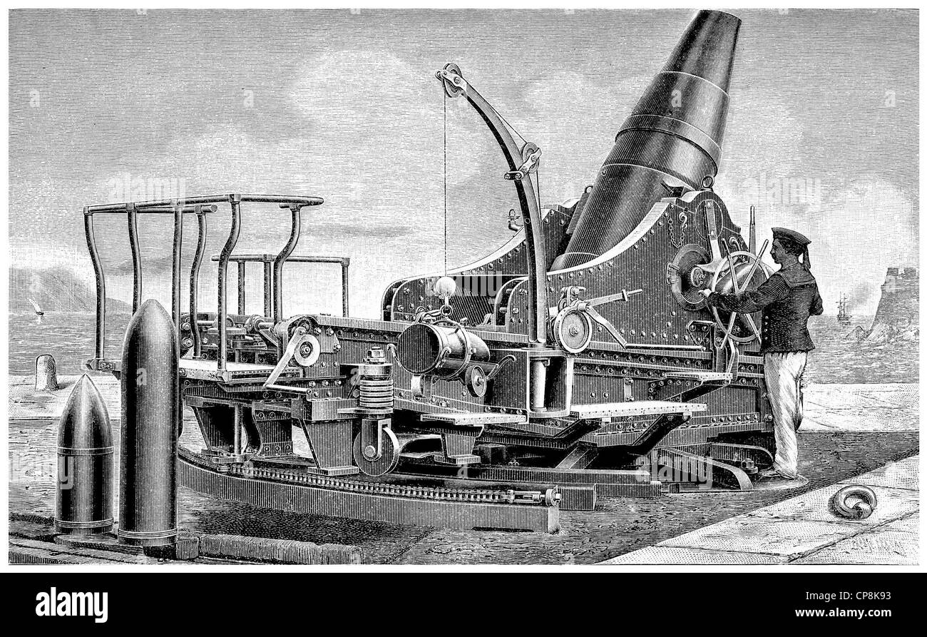 Historische Darstellung aus dem 19. Jahrhundert, Darstellung von einer deutschen Küsten Haubitze von Krupp Stockfoto