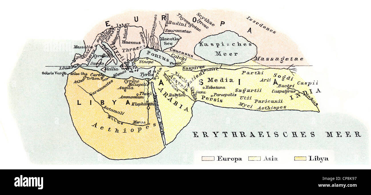 Historische Karte aus dem 19. Jahrhundert, Weltkarte von Herodot von Halikarnassos, 490-480 v. Chr. - um 424 v. Chr. ein Altgriechisch hist Stockfoto