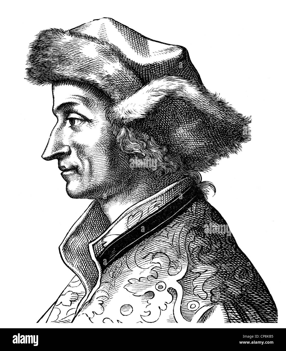 Sebastian Brant, 1457-1521, ein deutscher Jurist, Professor für Rechtswissenschaften, Stadtschreiber von Straßburg, Historische Zeichnung aus Dem 19. Jah Stockfoto