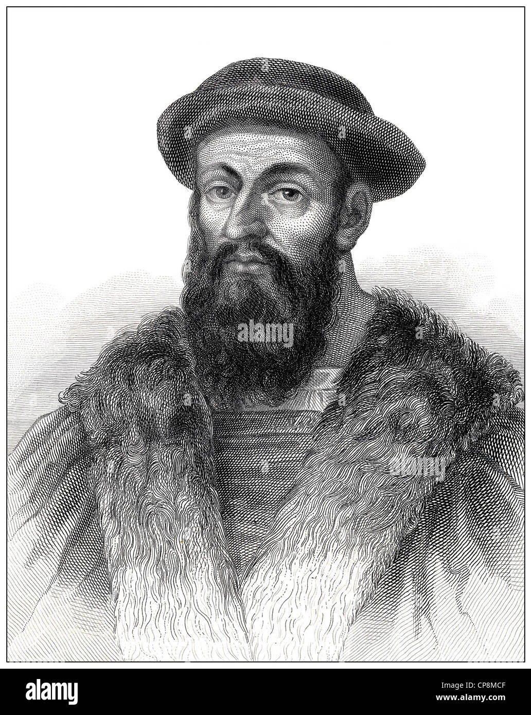 der portugiesische Seefahrer Ferdinand Magellan oder Fernão de Magalhães oder Fernando de Magallanes, 16. Jahrhundert, historische Stahl engra Stockfoto