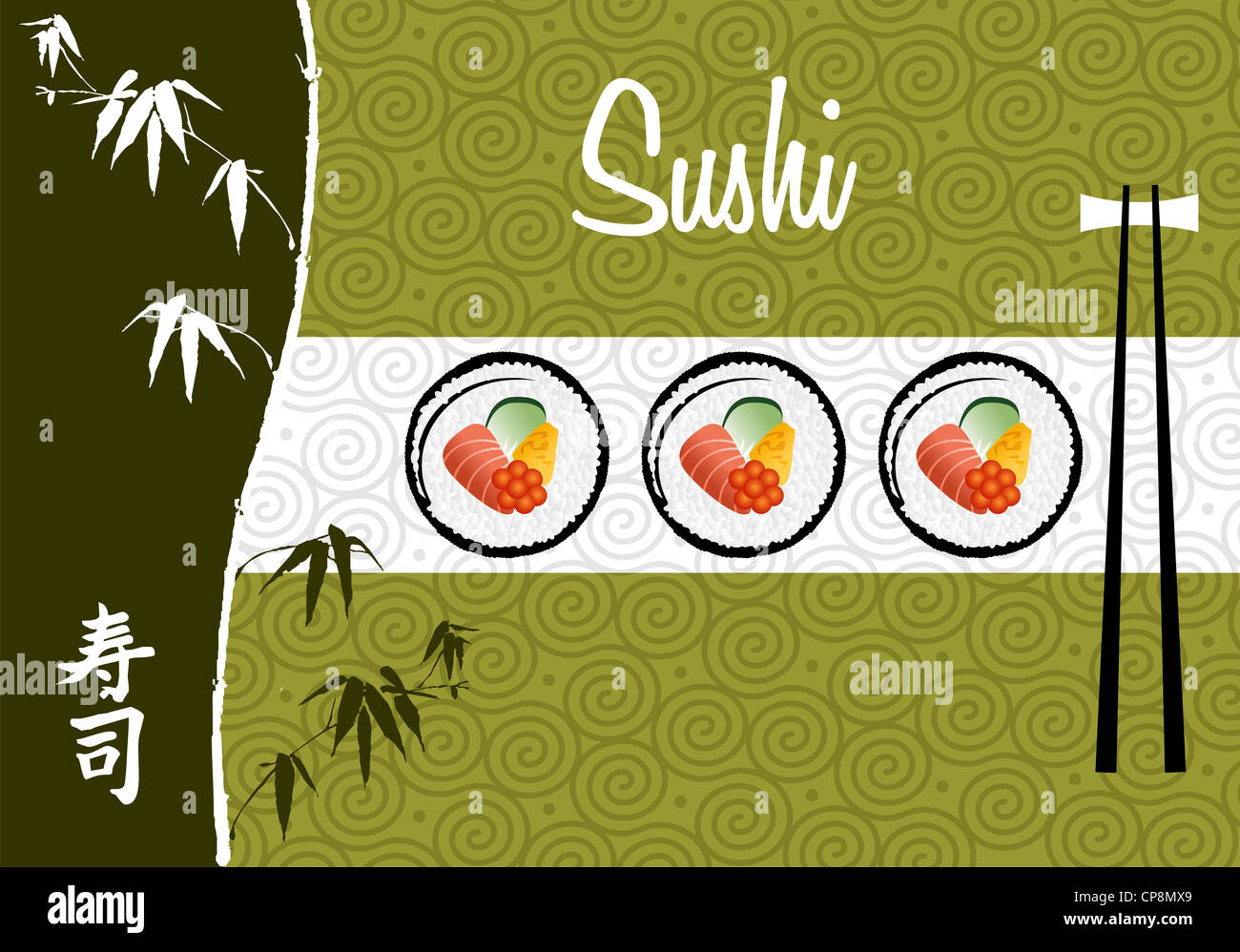 Handschriftliche Sushi-Banner über weißem und grünem Hintergrund Illustration. Vektor-Datei geschichtet für einfache Handhabung und individuelle Farbgebung. Stockfoto